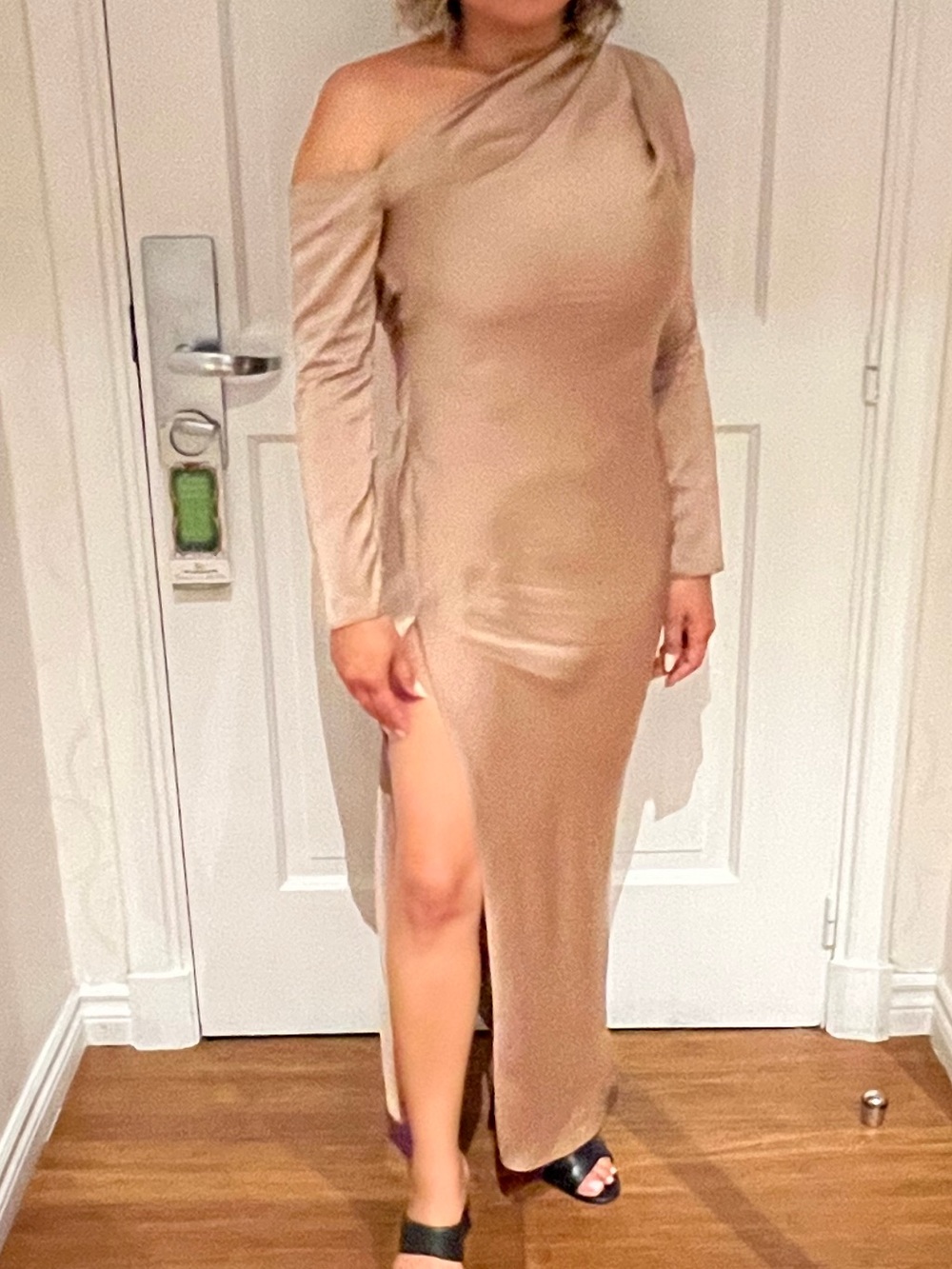 ASOS Tan Off-Shoulder Slit Gown